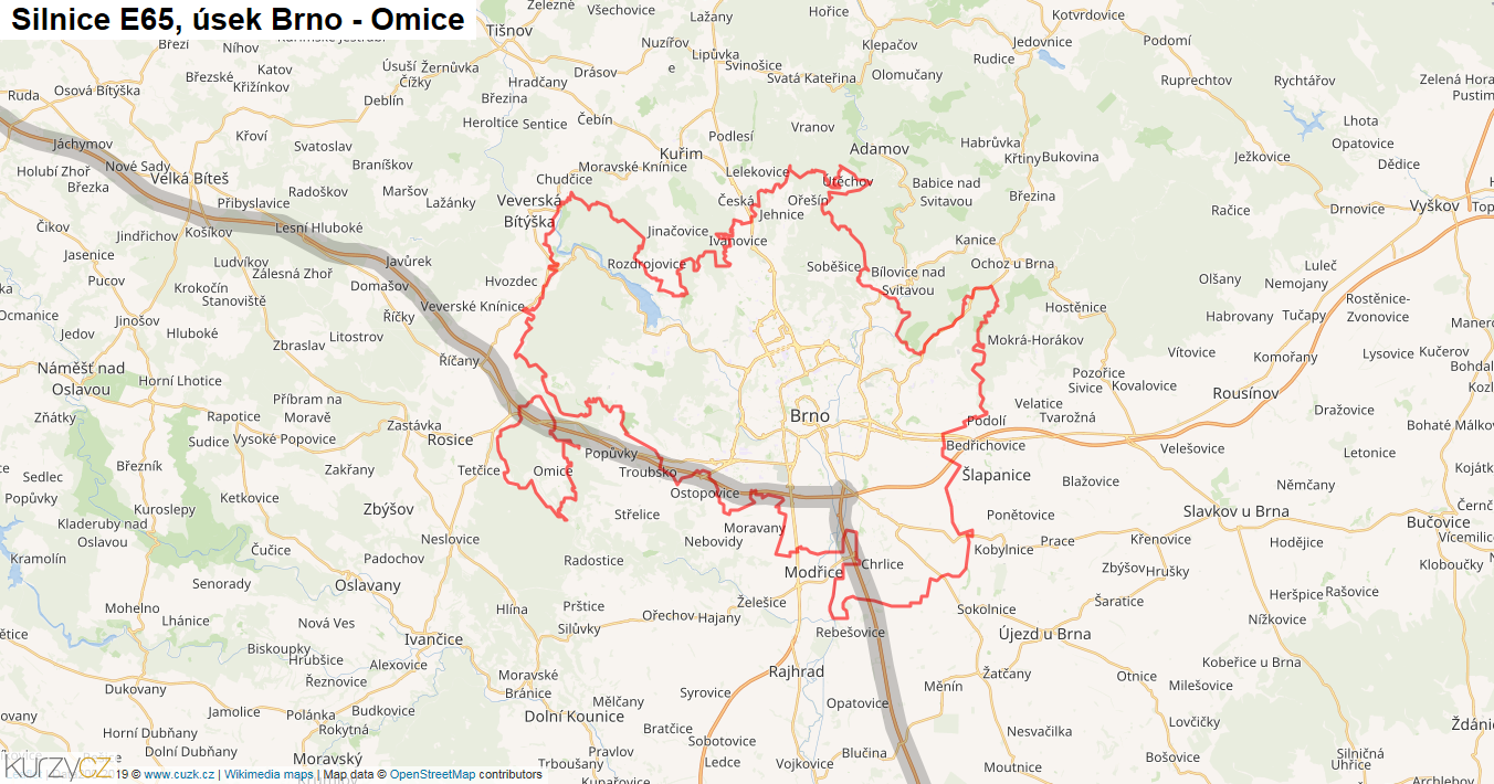 Úsek Brno - Omice, Silnice E65 - Mapa
