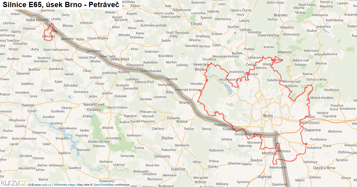 Úsek Brno - Petráveč, Silnice E65 - Mapa