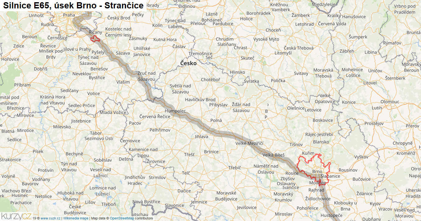 Úsek Brno - Strančice, Silnice E65 - Mapa