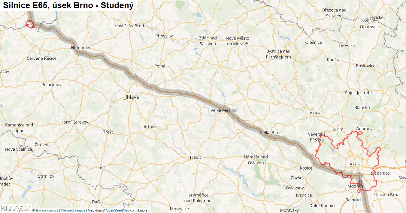 Úsek Brno - Studený, Silnice E65 - Mapa