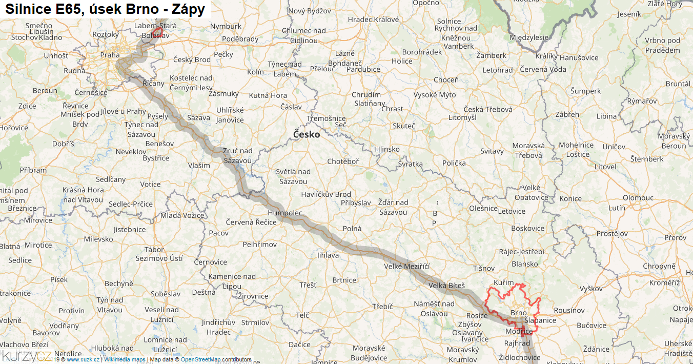 Úsek Brno - Zápy, Silnice E65 - Mapa
