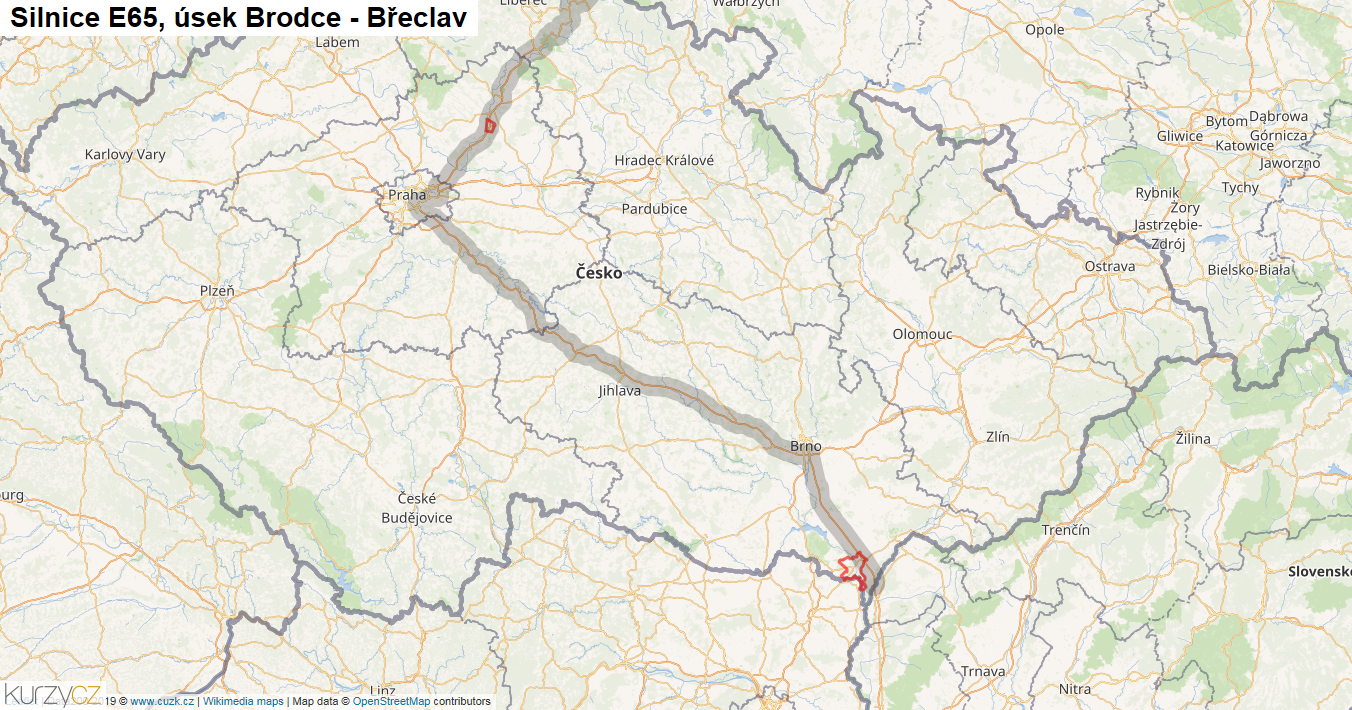 Úsek Brodce - Břeclav, Silnice E65 - Mapa