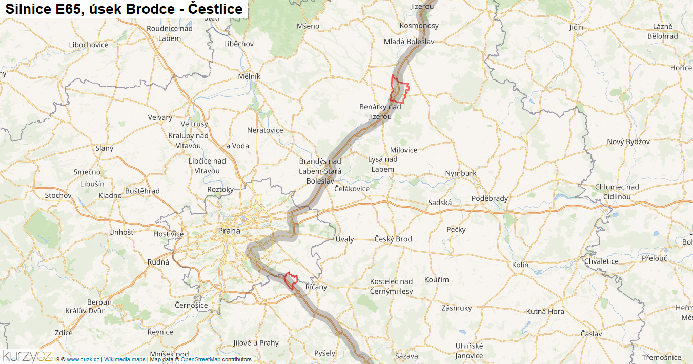 Úsek Brodce - Čestlice, Silnice E65 - Mapa