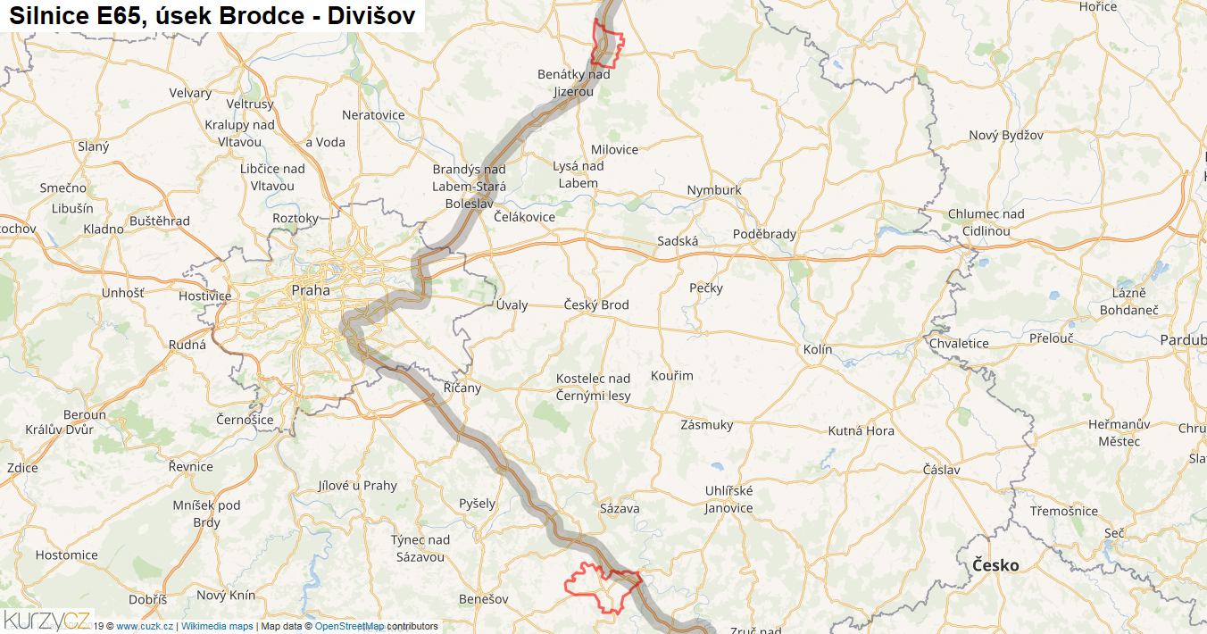 Úsek Brodce - Divišov, Silnice E65 - Mapa