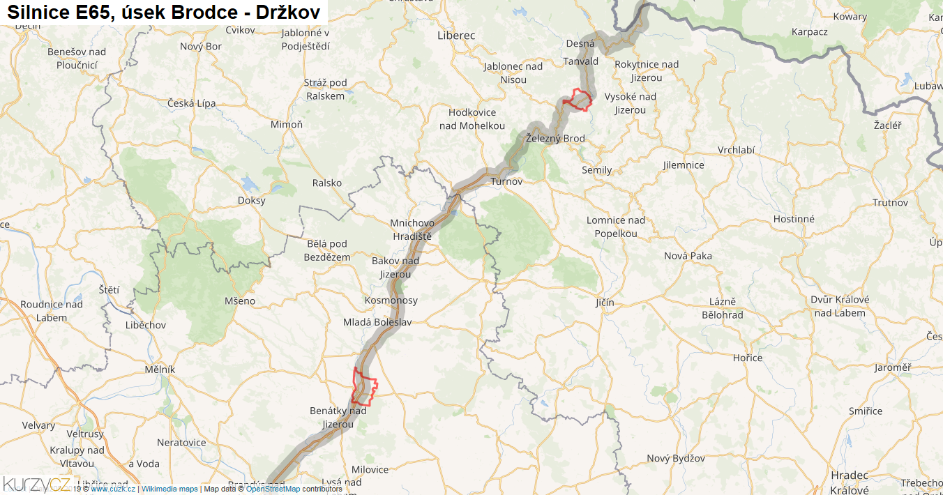Úsek Brodce - Držkov, Silnice E65 - Mapa