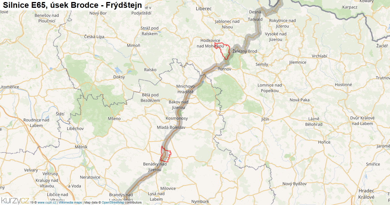 Úsek Brodce - Frýdštejn, Silnice E65 - Mapa
