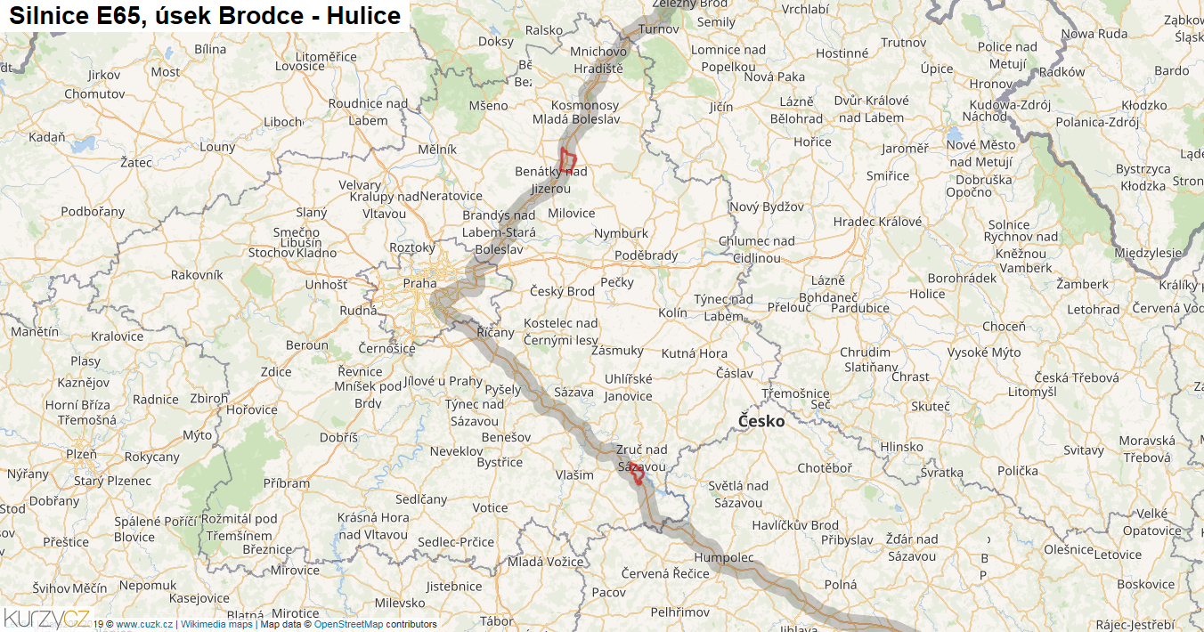 Úsek Brodce - Hulice, Silnice E65 - Mapa