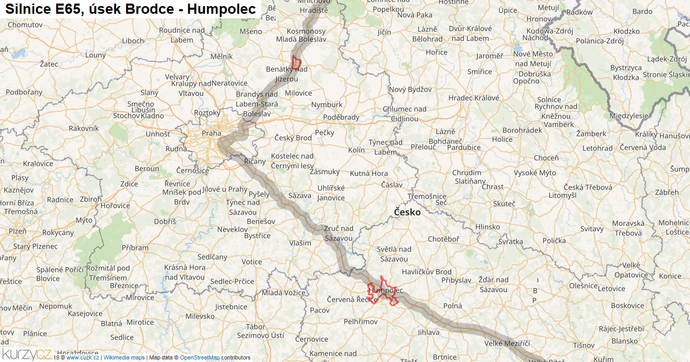 Úsek Brodce - Humpolec, Silnice E65 - Mapa