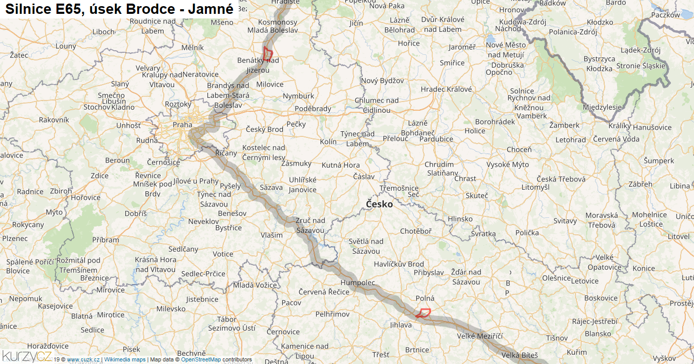 Úsek Brodce - Jamné, Silnice E65 - Mapa