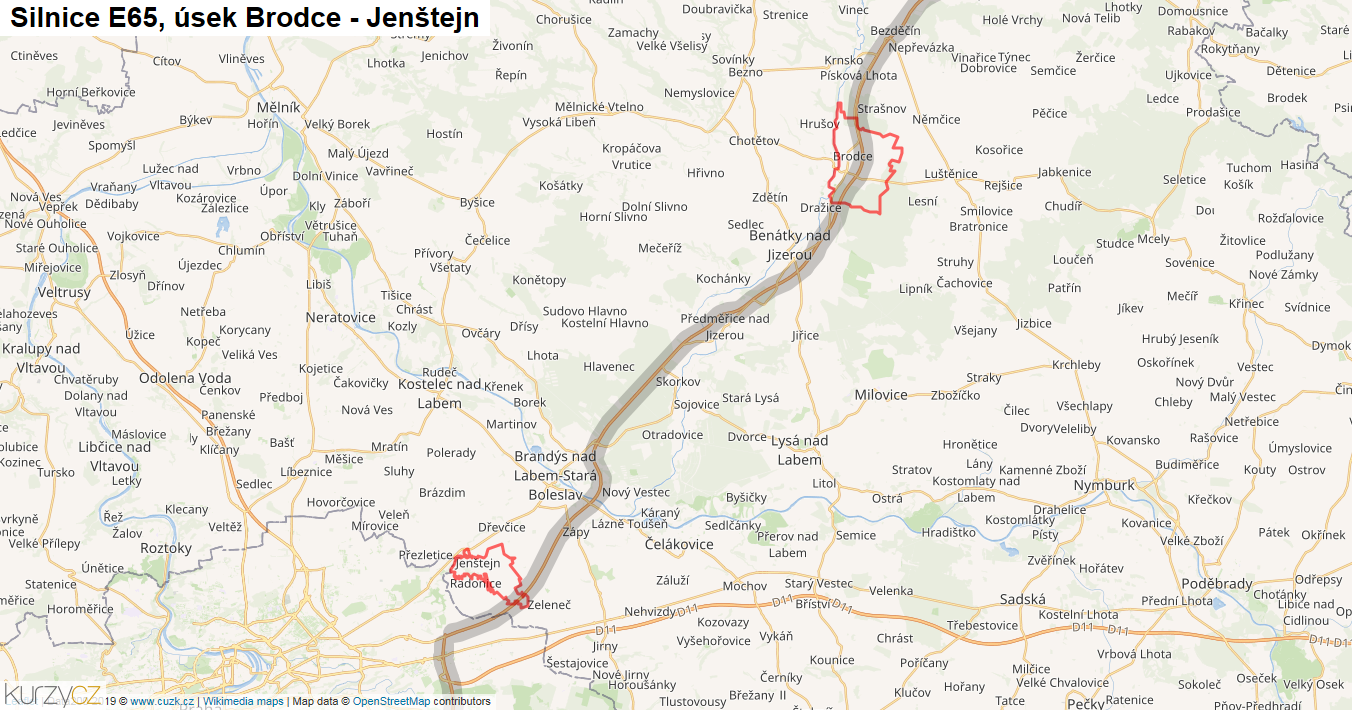 Úsek Brodce - Jenštejn, Silnice E65 - Mapa