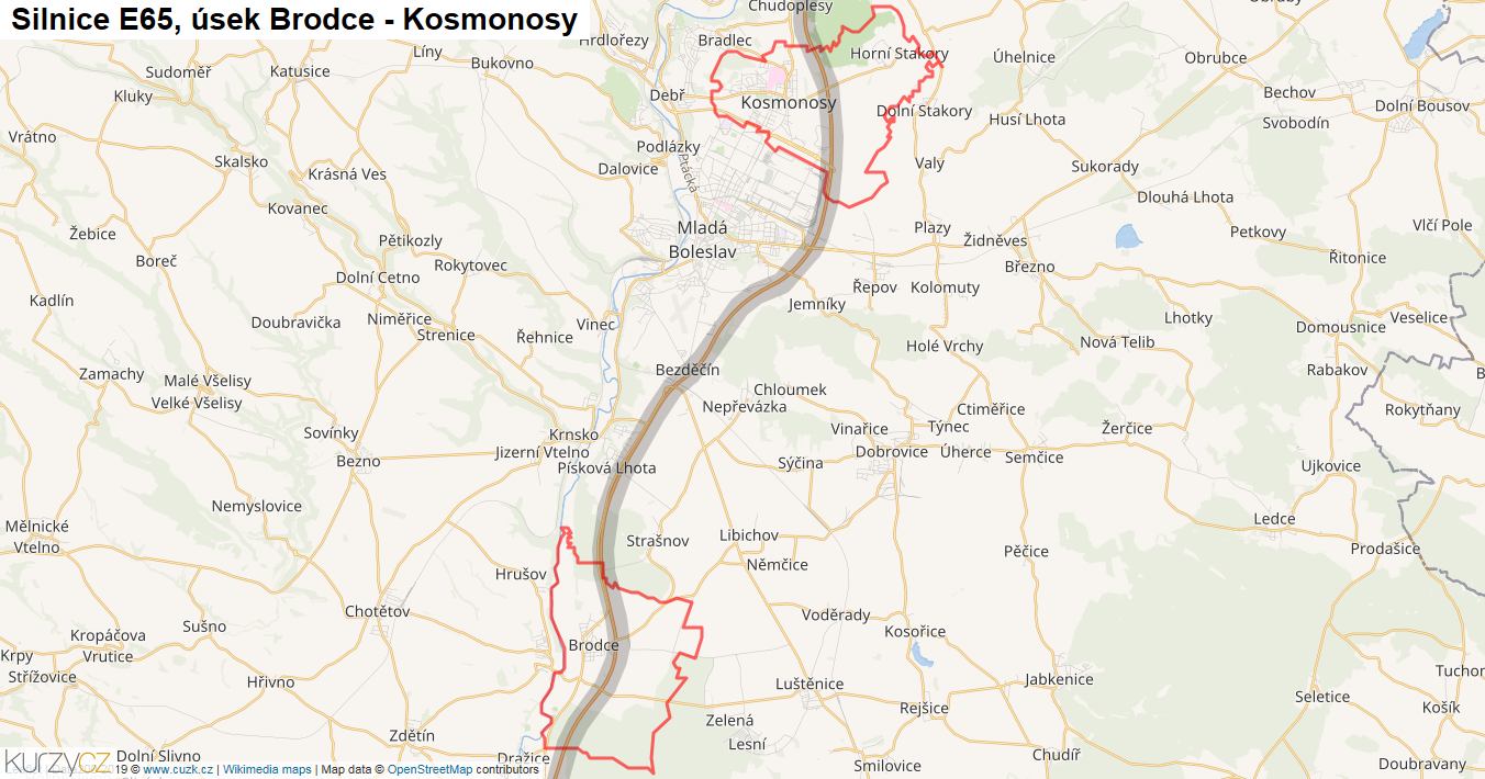 Úsek Brodce - Kosmonosy, Silnice E65 - Mapa