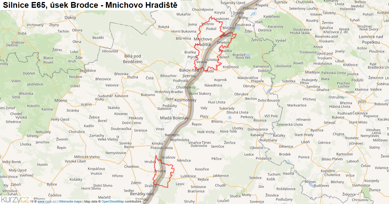 Úsek Brodce - Mnichovo Hradiště, Silnice E65 - Mapa