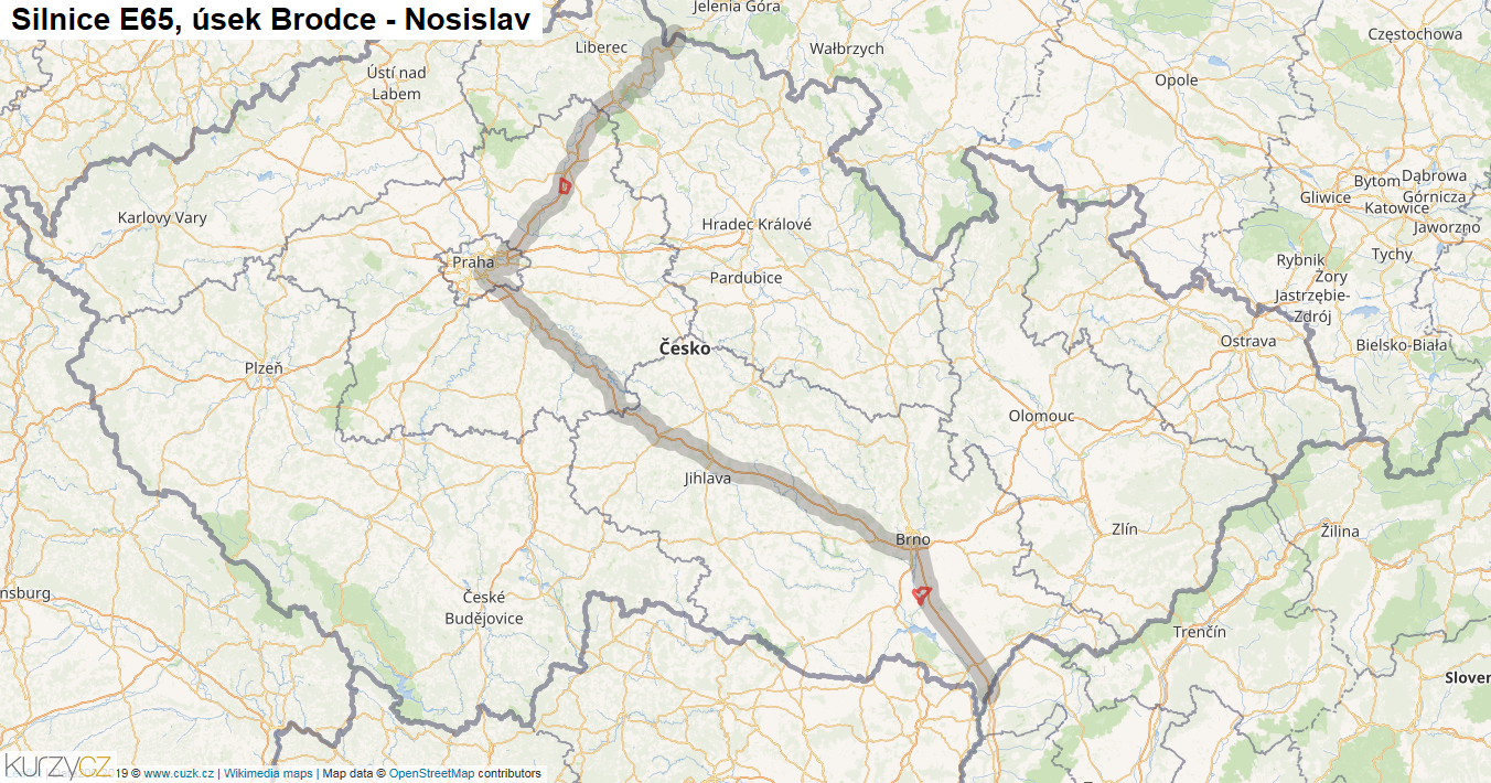 Úsek Brodce - Nosislav, Silnice E65 - Mapa