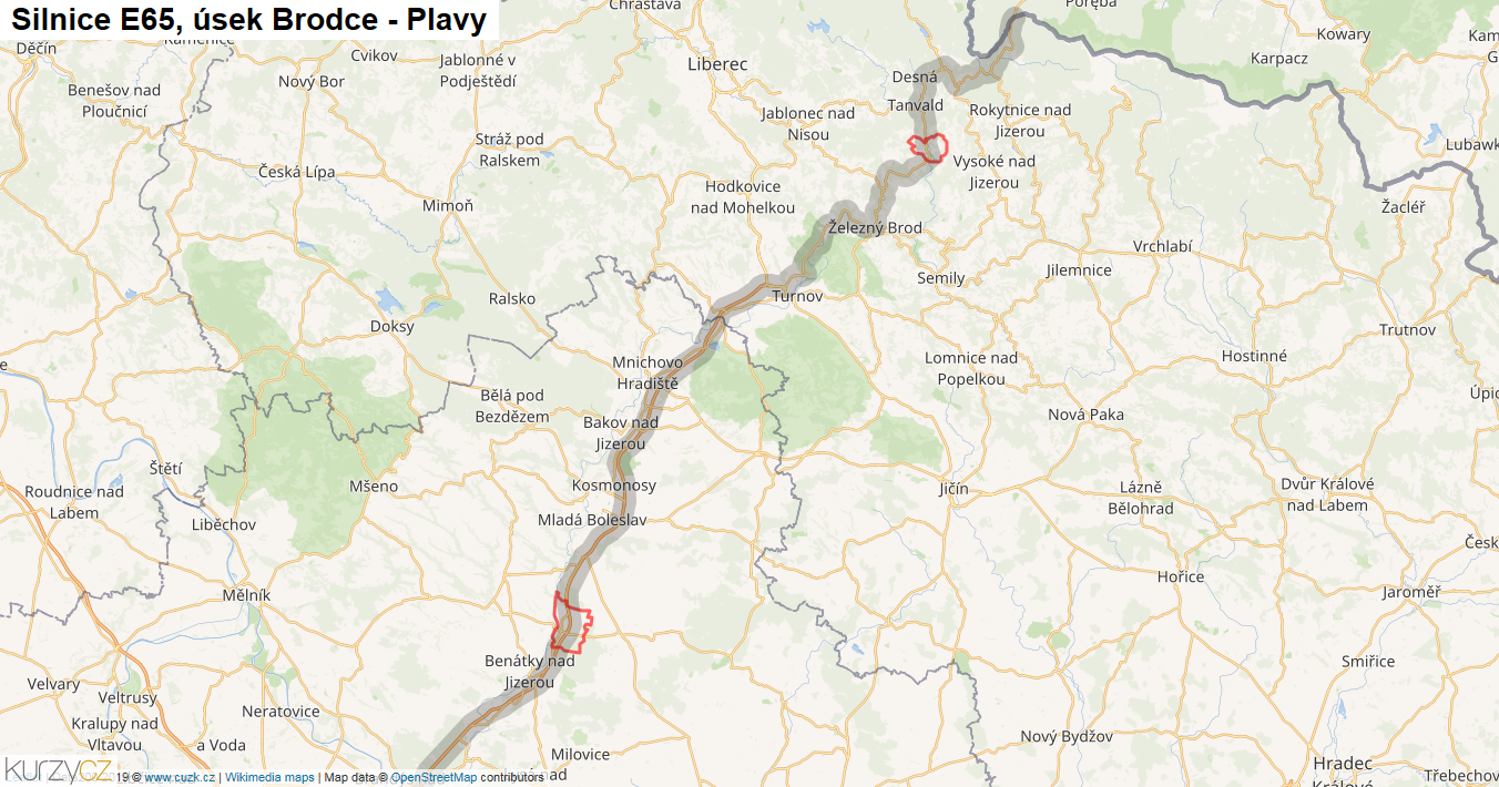 Úsek Brodce - Plavy, Silnice E65 - Mapa