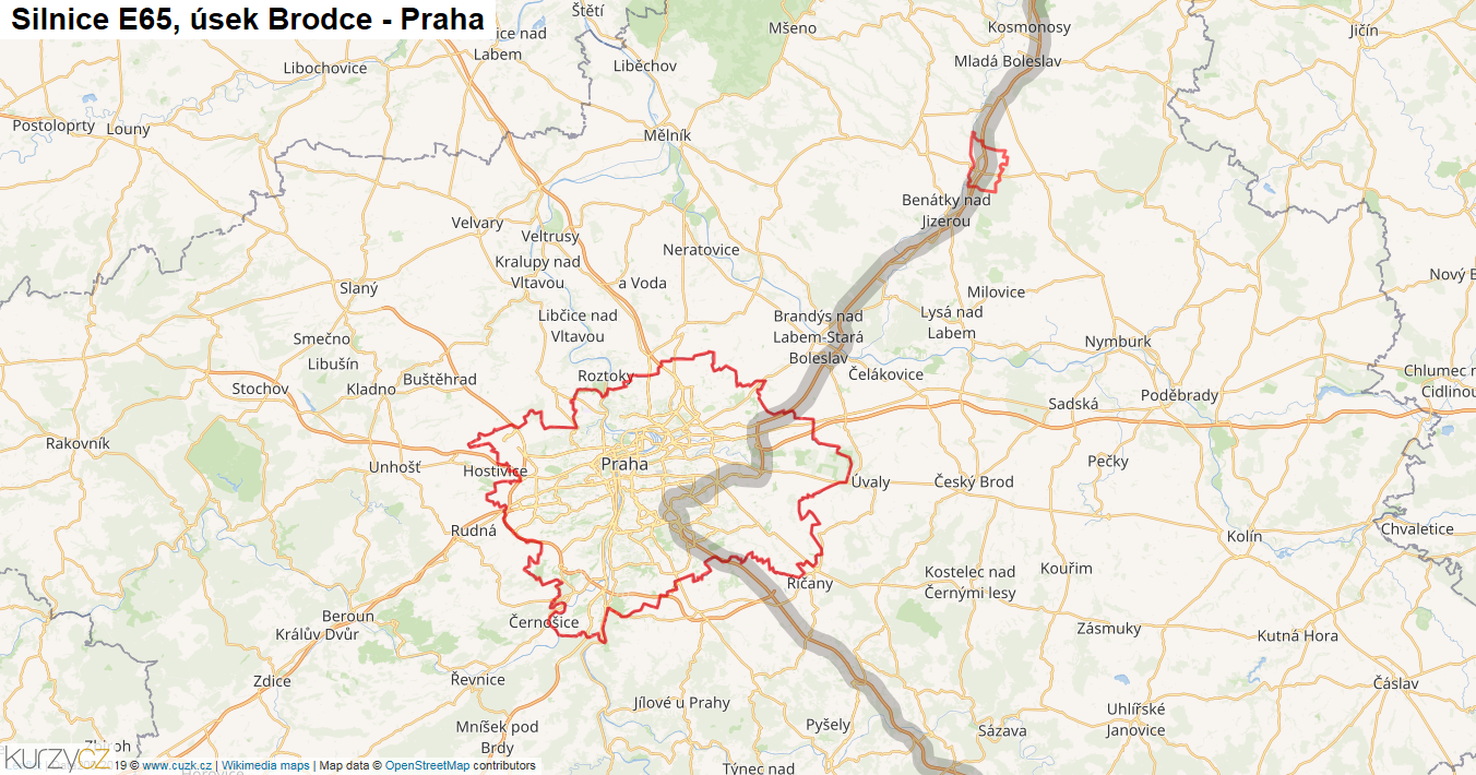 Úsek Brodce - Praha, Silnice E65 - Mapa