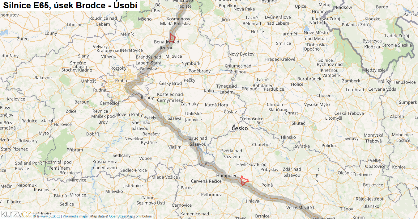 Úsek Brodce - Úsobí, Silnice E65 - Mapa