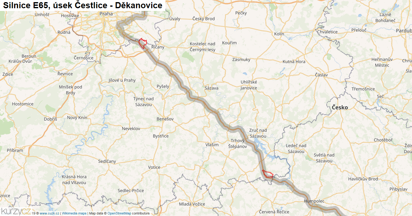 Úsek Čestlice - Děkanovice, Silnice E65 - Mapa