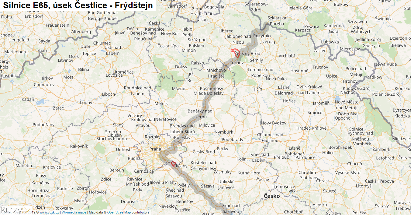 Úsek Čestlice - Frýdštejn, Silnice E65 - Mapa