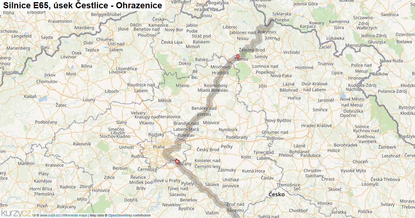 Úsek Čestlice - Ohrazenice, Silnice E65 - Mapa