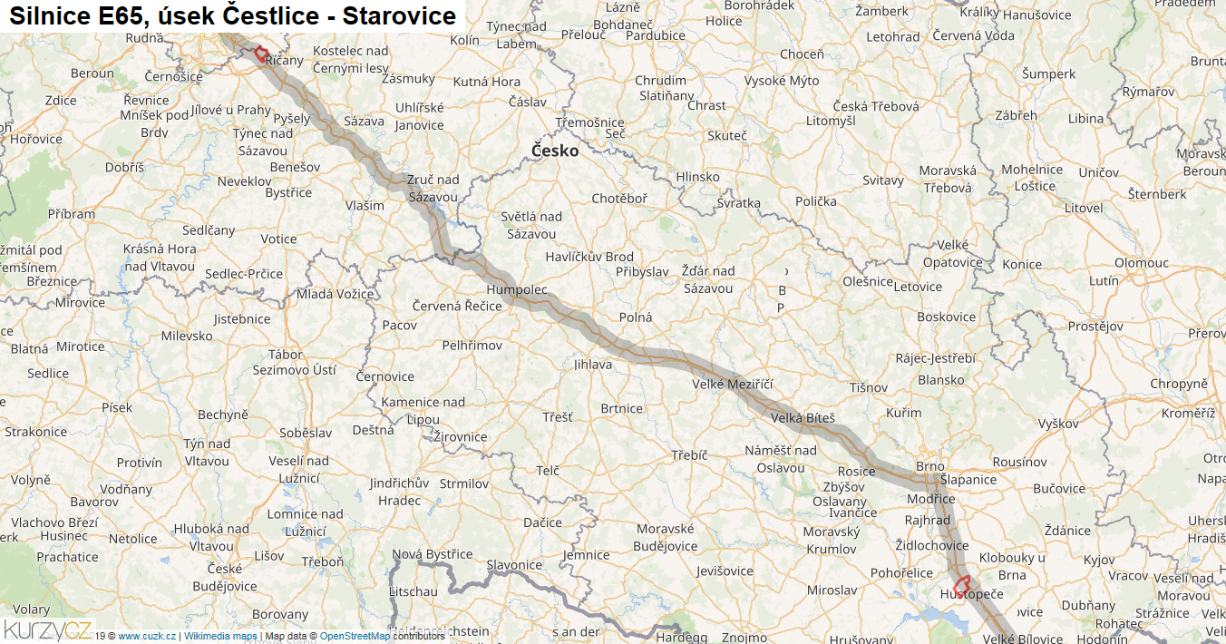 Úsek Čestlice - Starovice, Silnice E65 - Mapa