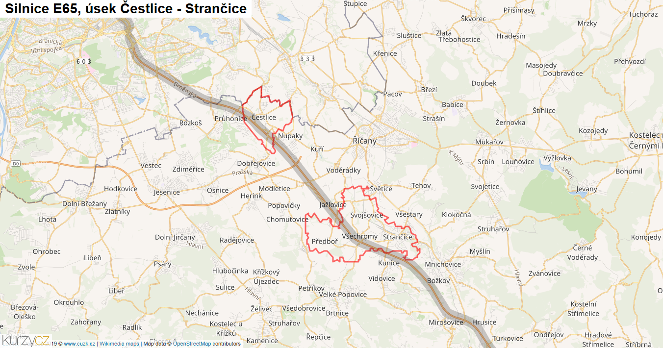 Úsek Čestlice - Strančice, Silnice E65 - Mapa