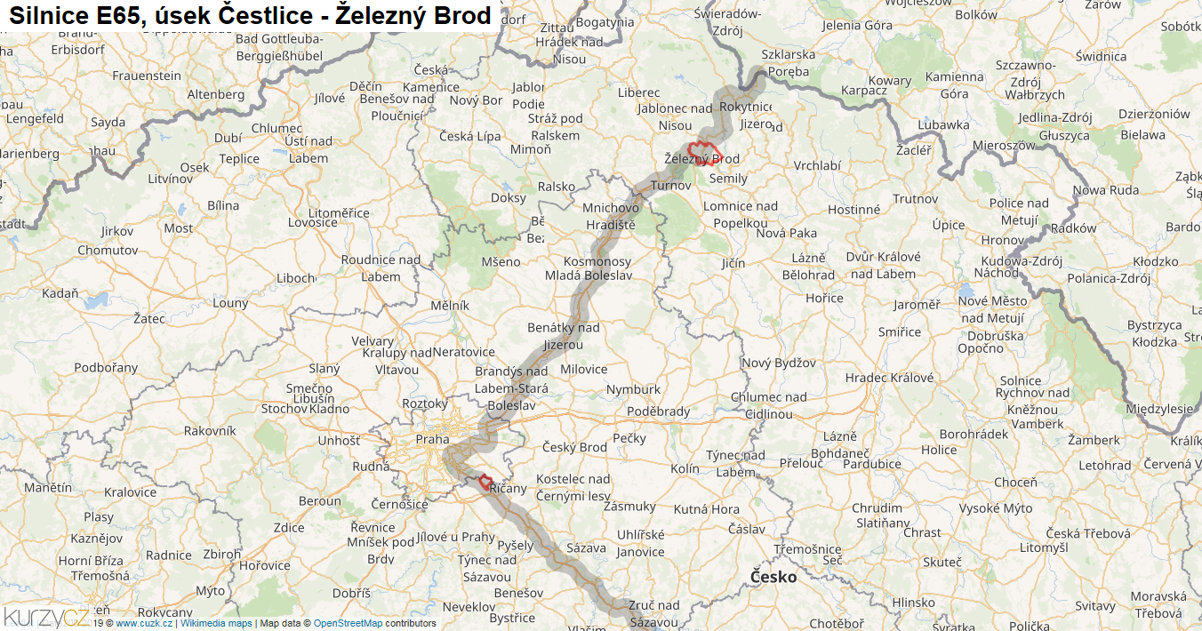 Úsek Čestlice - Železný Brod, Silnice E65 - Mapa