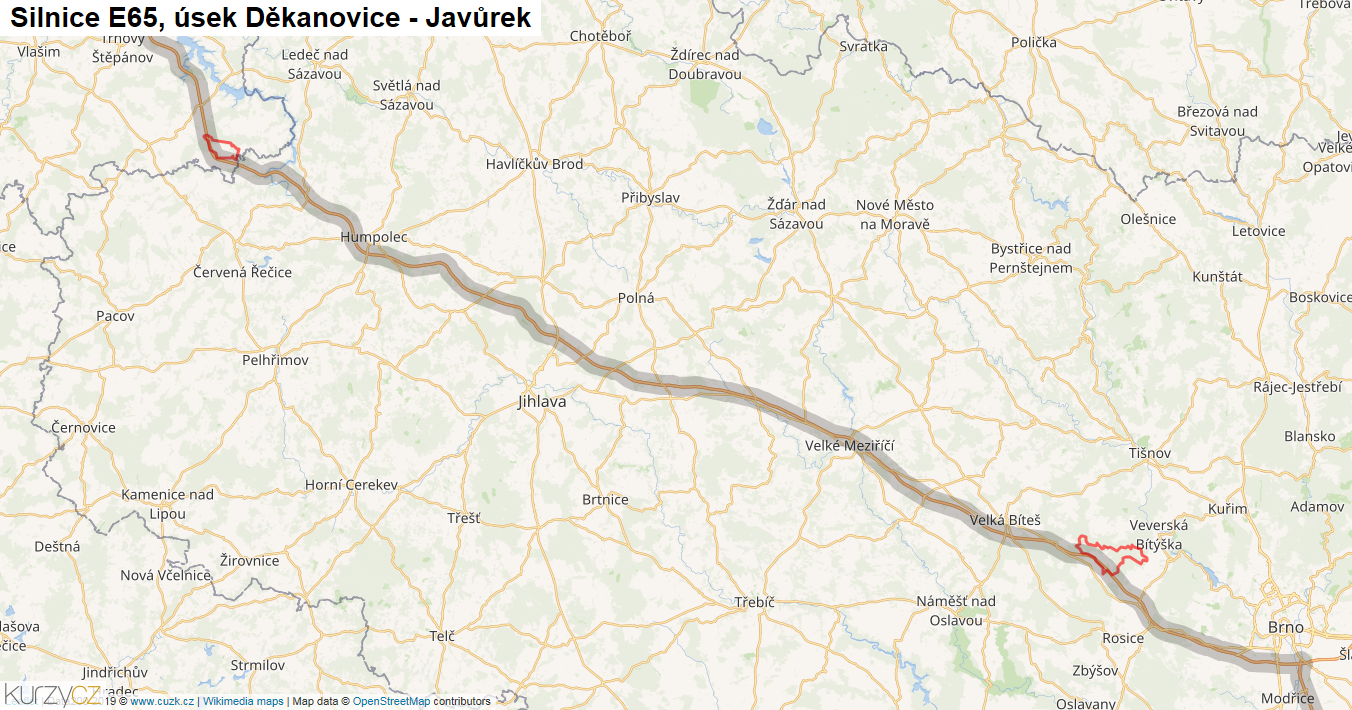 Úsek Děkanovice - Javůrek, Silnice E65 - Mapa
