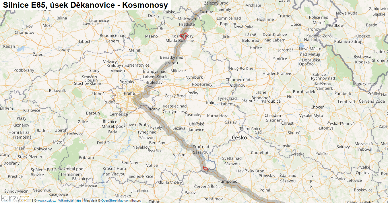 Úsek Děkanovice - Kosmonosy, Silnice E65 - Mapa