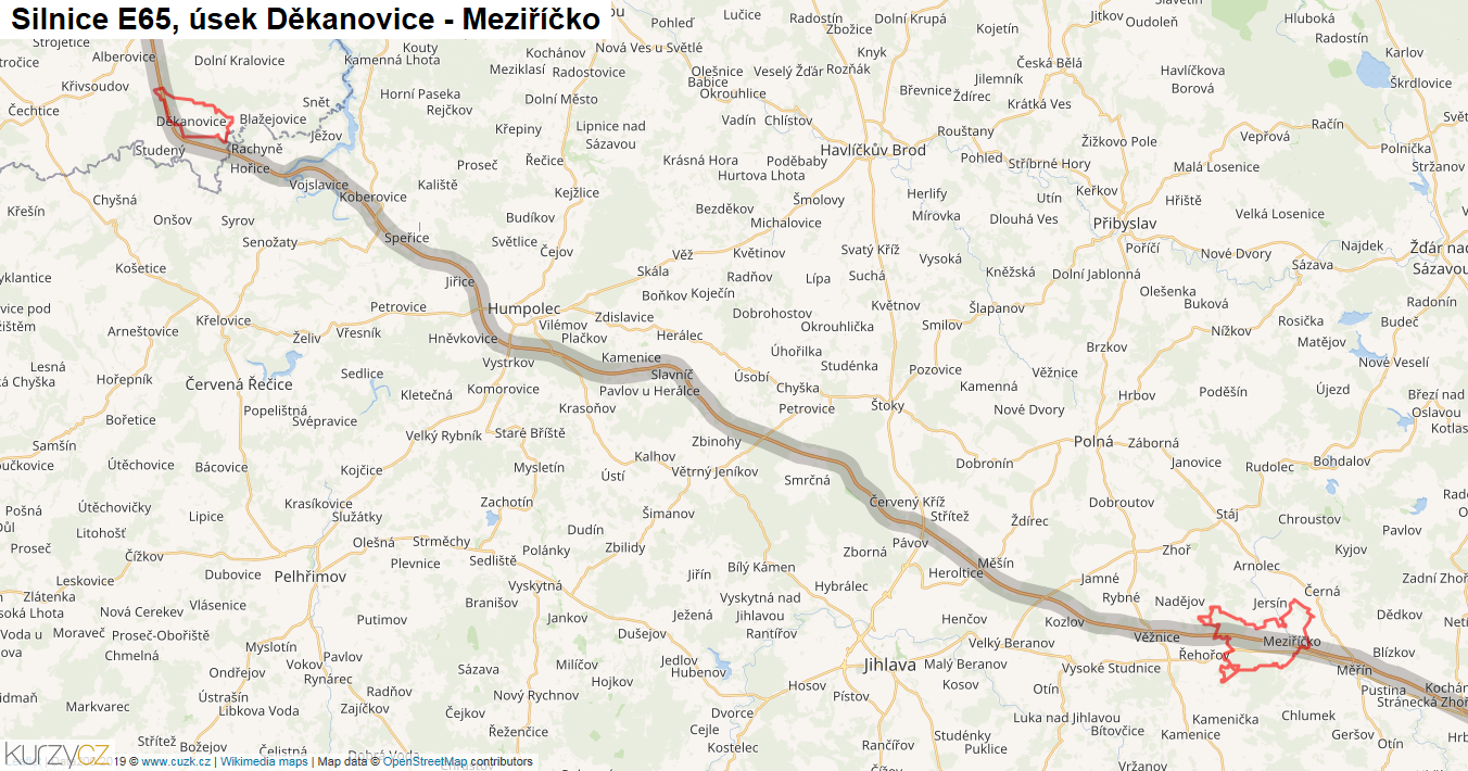 Úsek Děkanovice - Meziříčko, Silnice E65 - Mapa