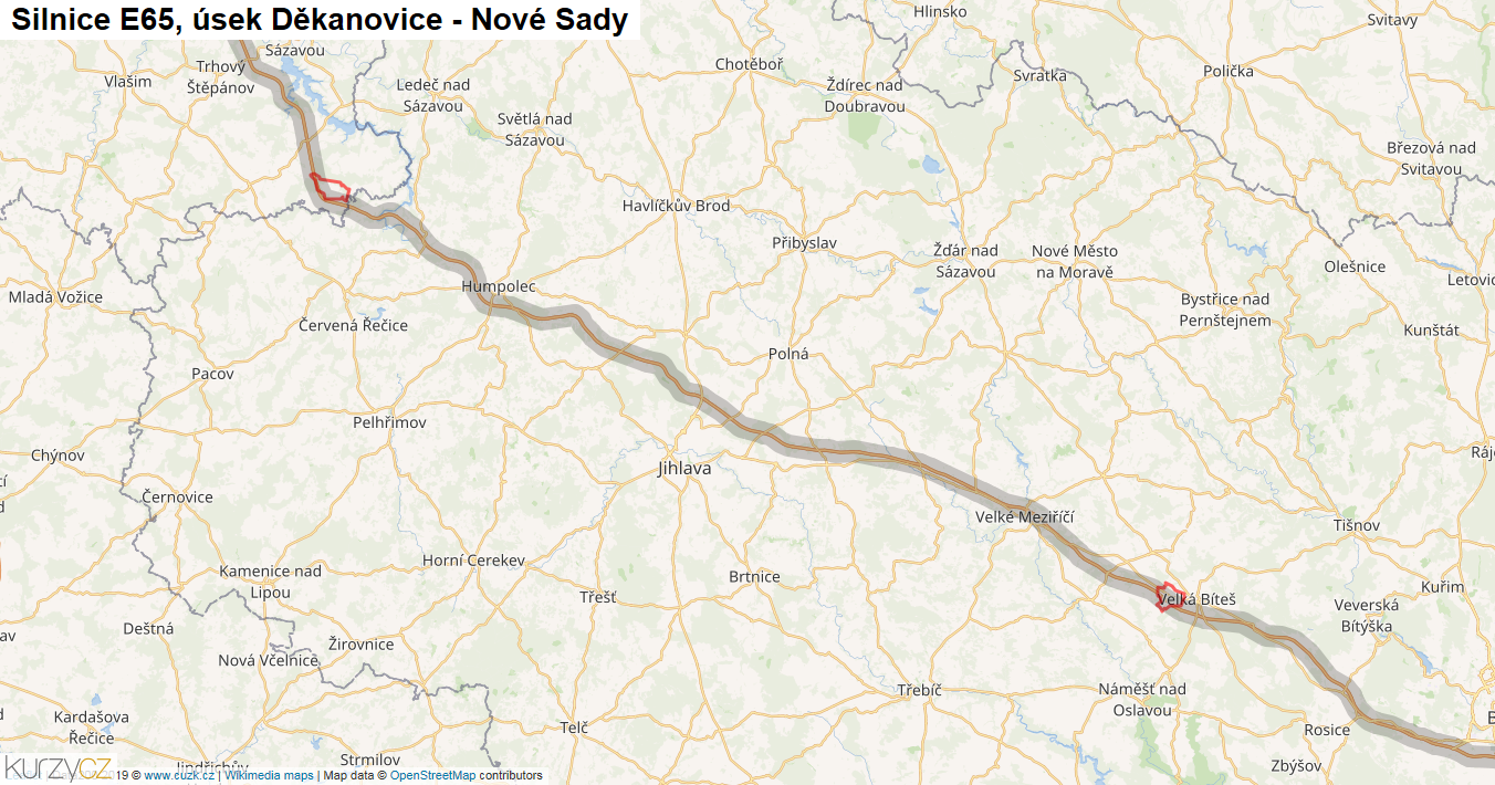 Úsek Děkanovice - Nové Sady, Silnice E65 - Mapa