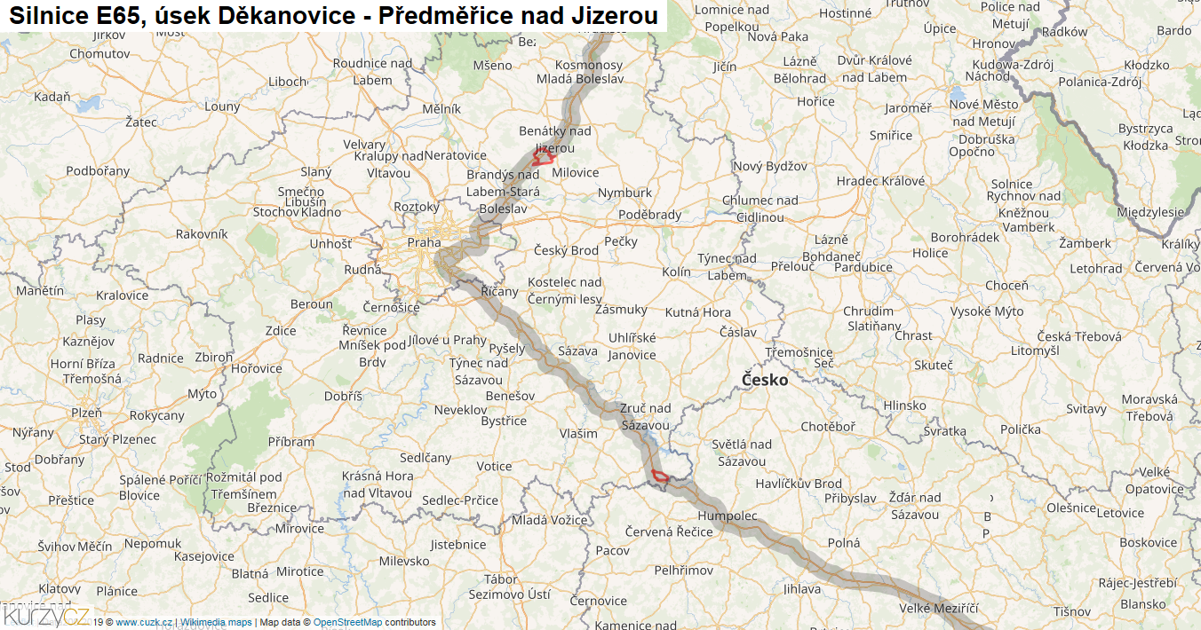 Úsek Děkanovice - Předměřice nad Jizerou, Silnice E65 - Mapa