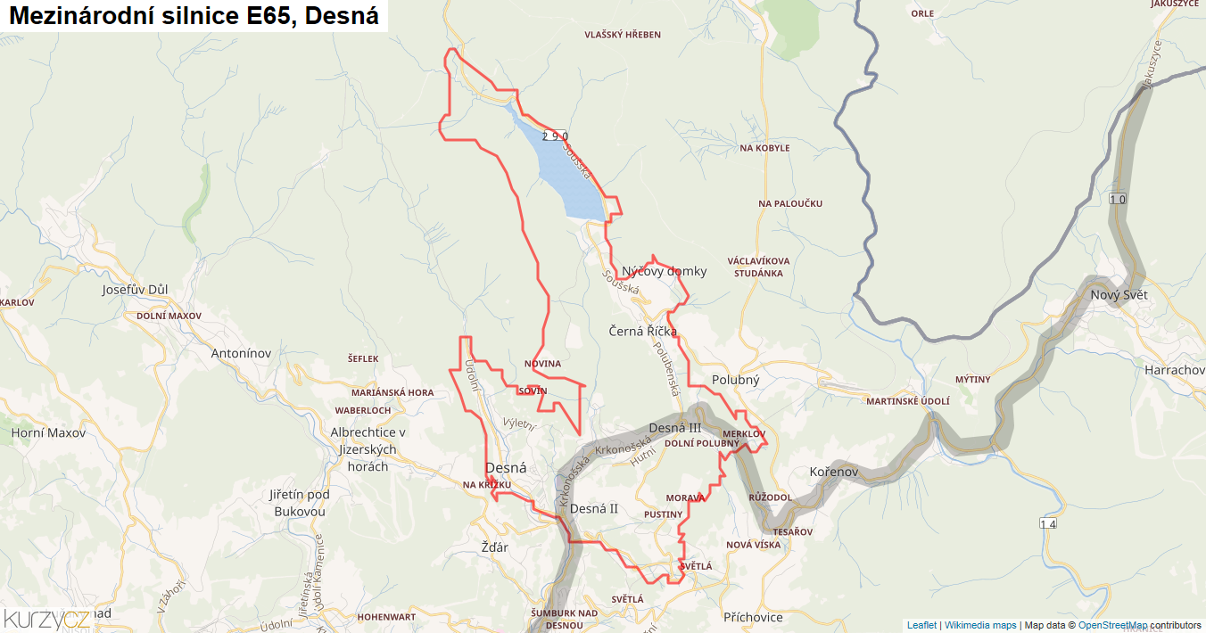 Desná, Silnice E65 - Mapa