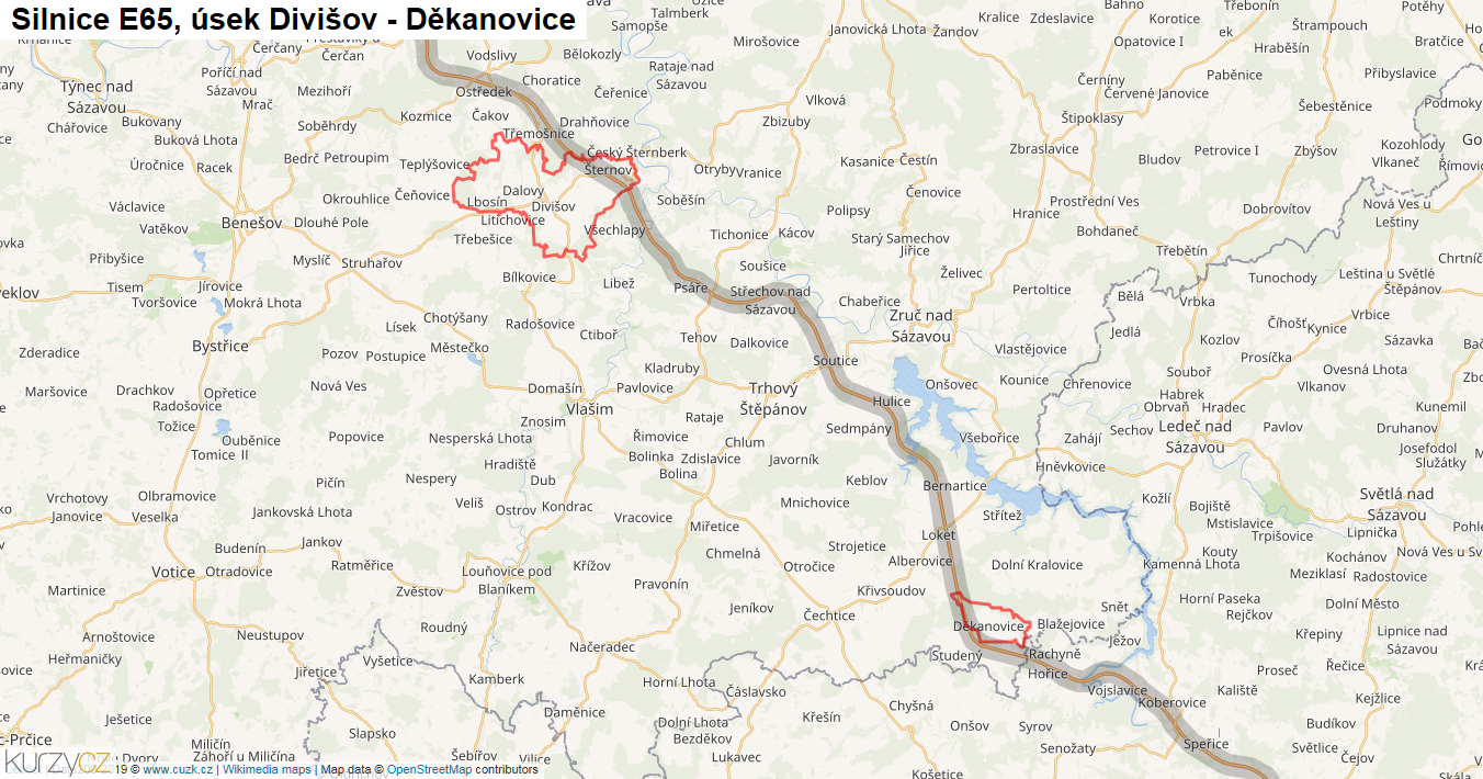 Úsek Divišov - Děkanovice, Silnice E65 - Mapa