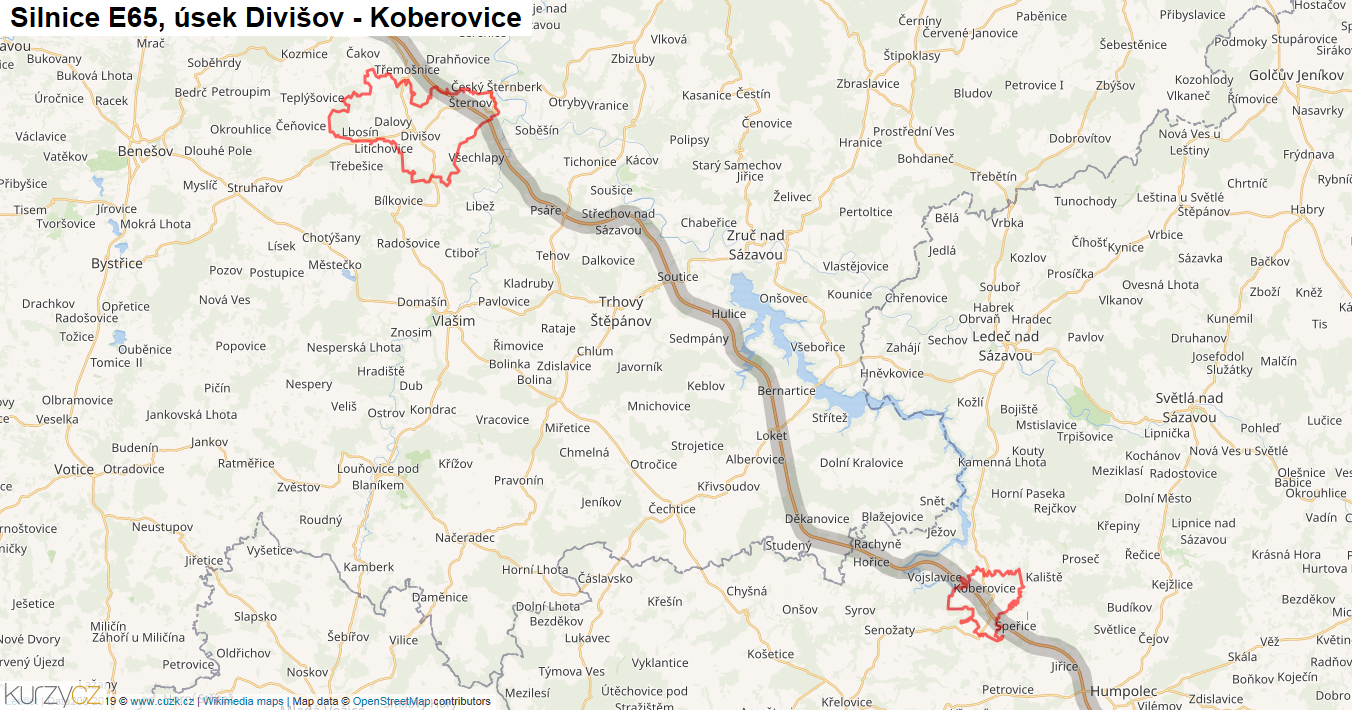 Úsek Divišov - Koberovice, Silnice E65 - Mapa