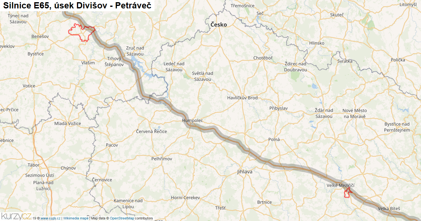 Úsek Divišov - Petráveč, Silnice E65 - Mapa