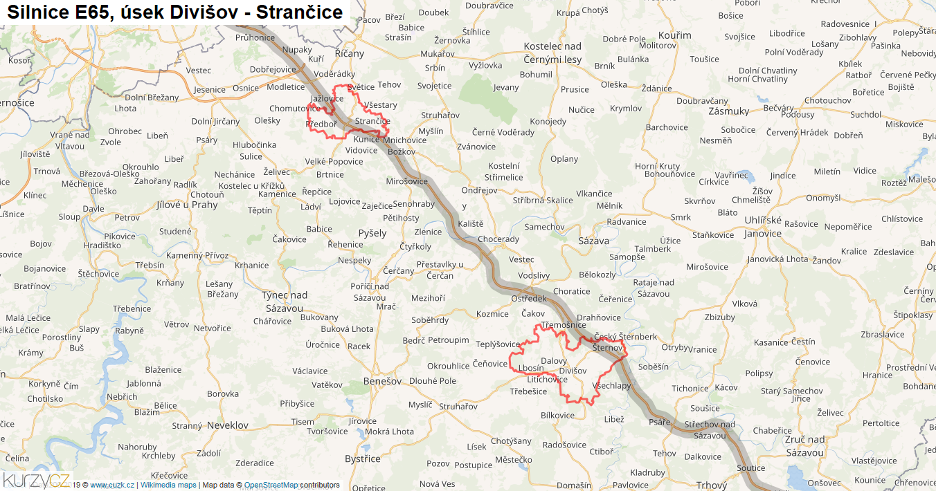 Úsek Divišov - Strančice, Silnice E65 - Mapa