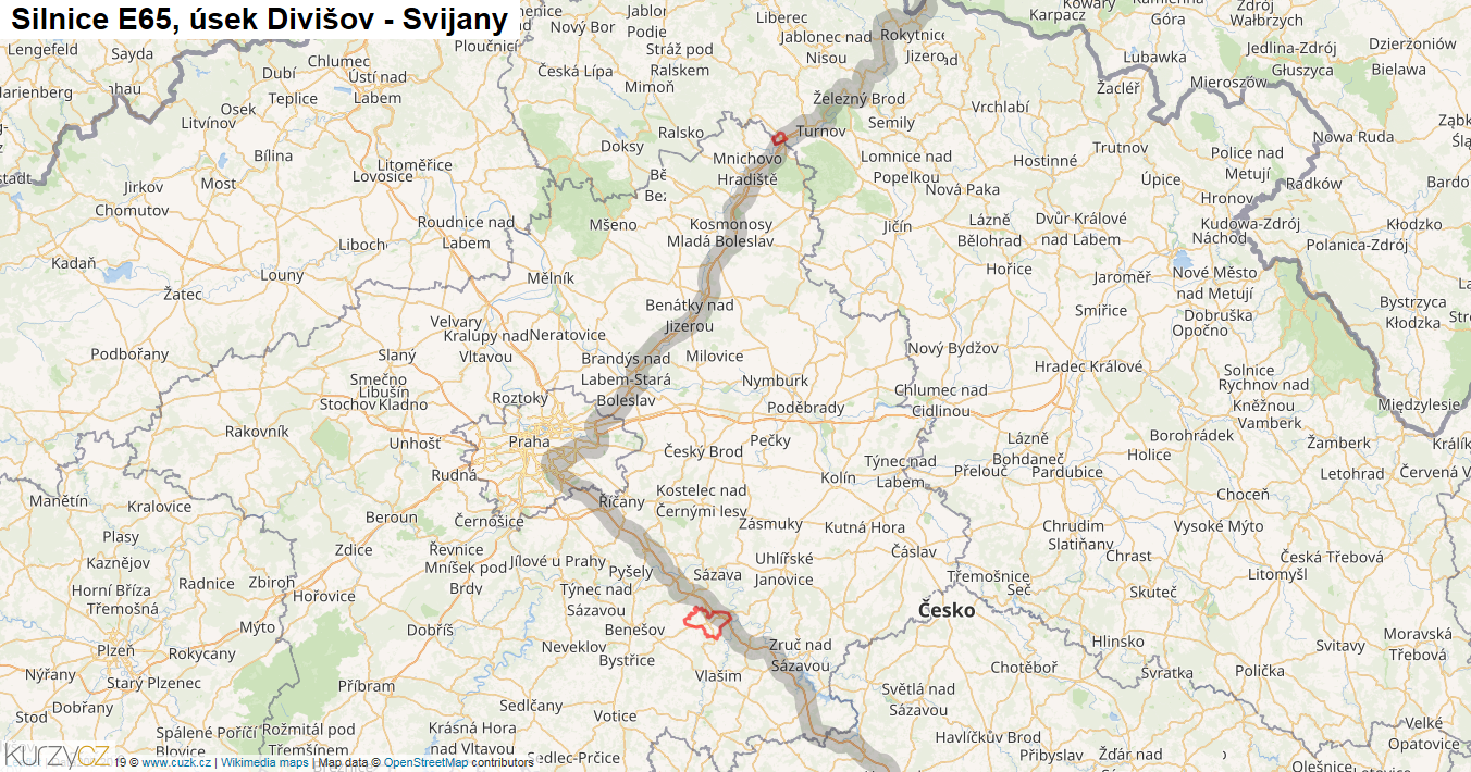 Úsek Divišov - Svijany, Silnice E65 - Mapa