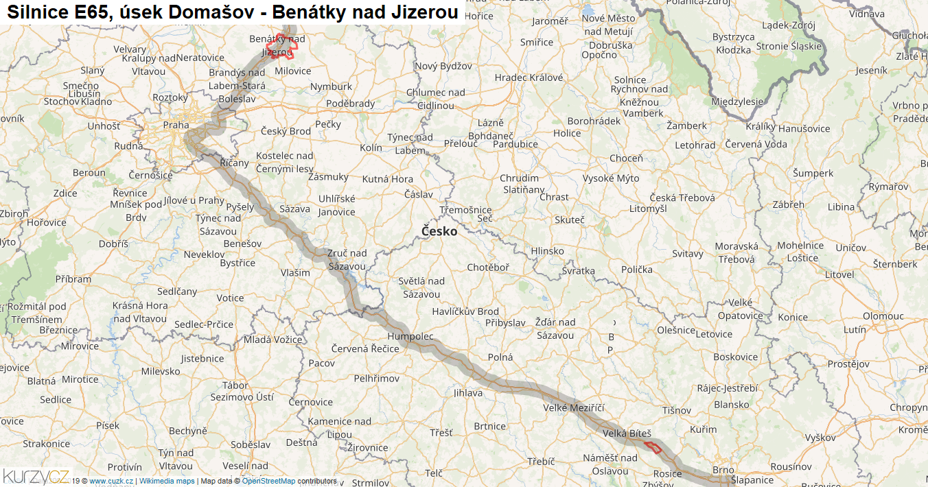 Úsek Domašov - Benátky nad Jizerou, Silnice E65 - Mapa