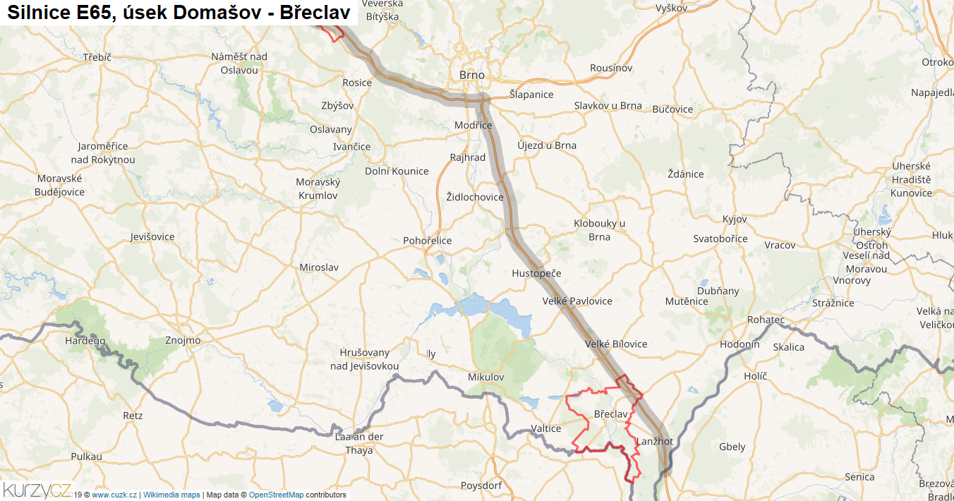 Úsek Domašov - Břeclav, Silnice E65 - Mapa