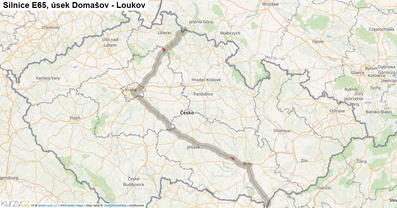 Úsek Domašov - Loukov, Silnice E65 - Mapa
