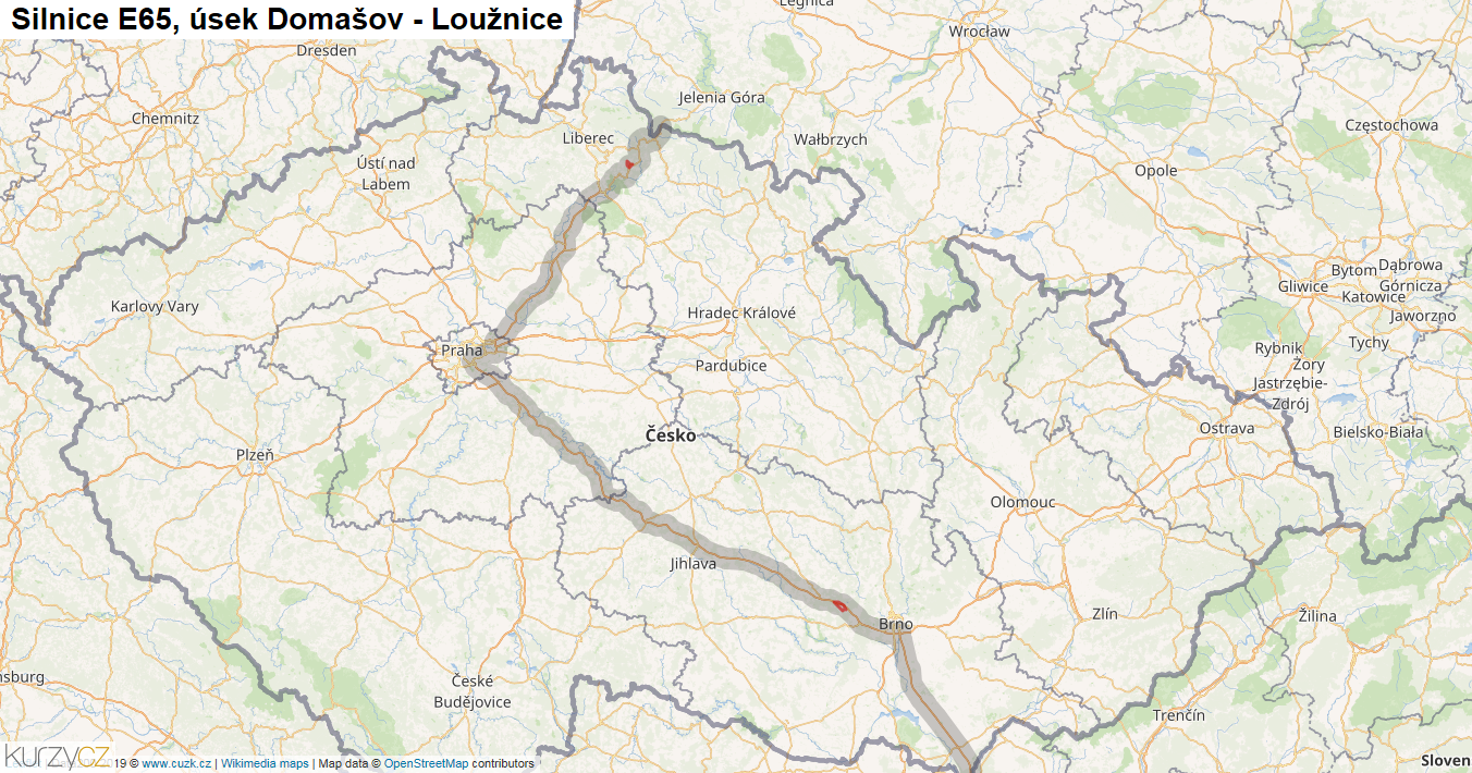 Úsek Domašov - Loužnice, Silnice E65 - Mapa