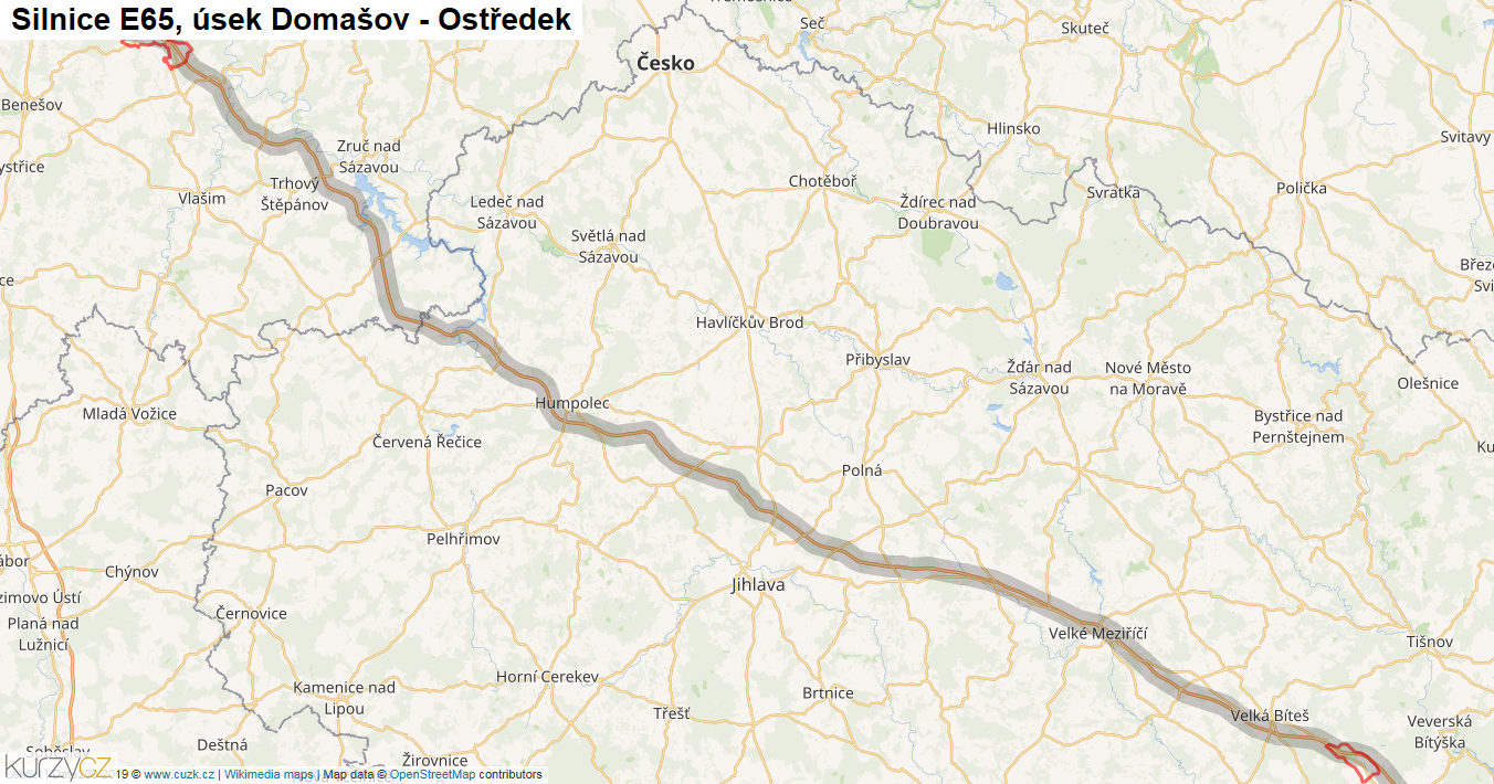 Úsek Domašov - Ostředek, Silnice E65 - Mapa