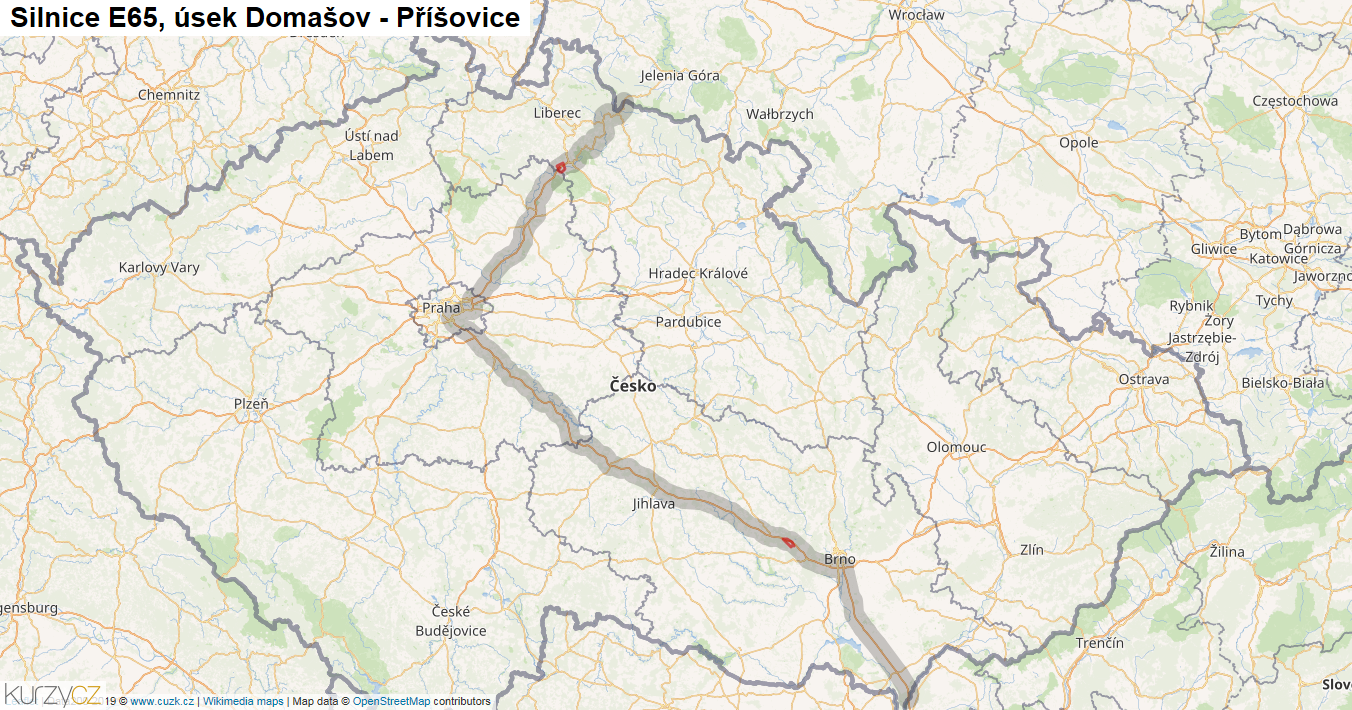 Úsek Domašov - Příšovice, Silnice E65 - Mapa