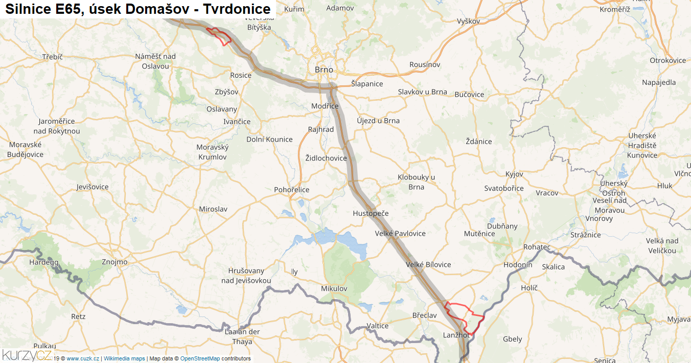 Úsek Domašov - Tvrdonice, Silnice E65 - Mapa