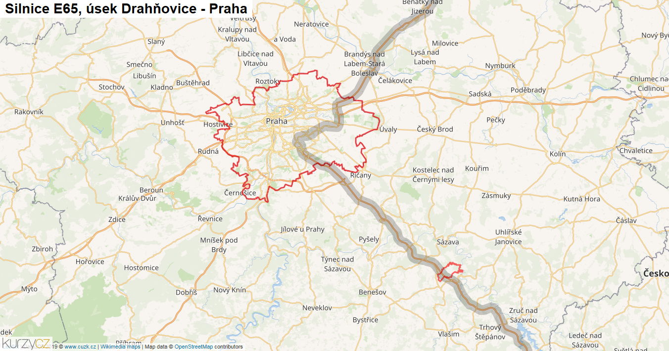Úsek Drahňovice - Praha, Silnice E65 - Mapa