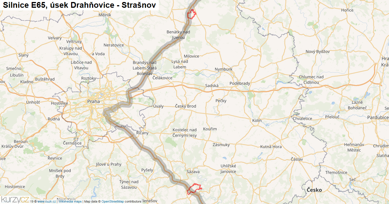 Úsek Drahňovice - Strašnov, Silnice E65 - Mapa