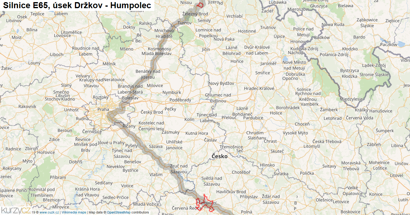 Úsek Držkov - Humpolec, Silnice E65 - Mapa