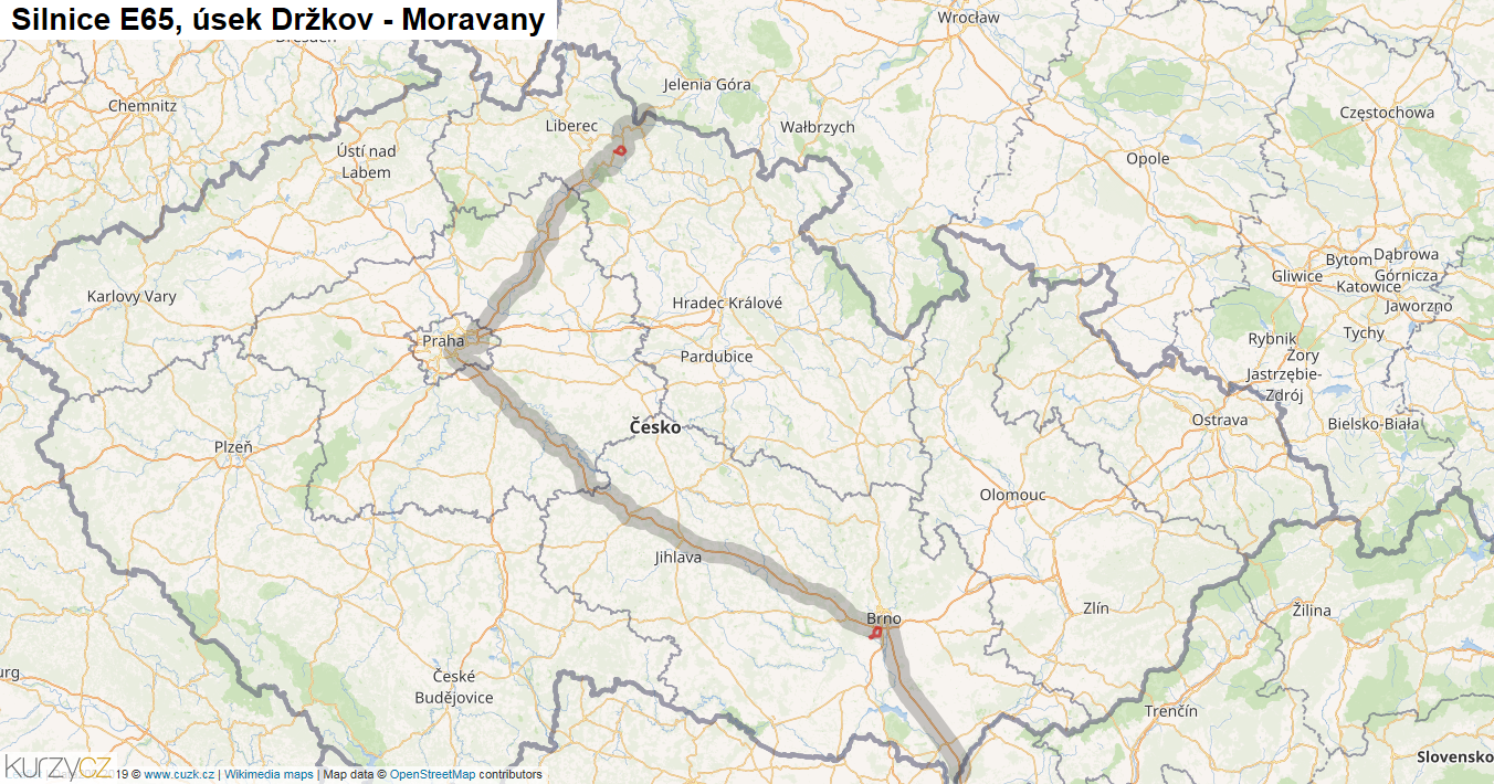 Úsek Držkov - Moravany, Silnice E65 - Mapa