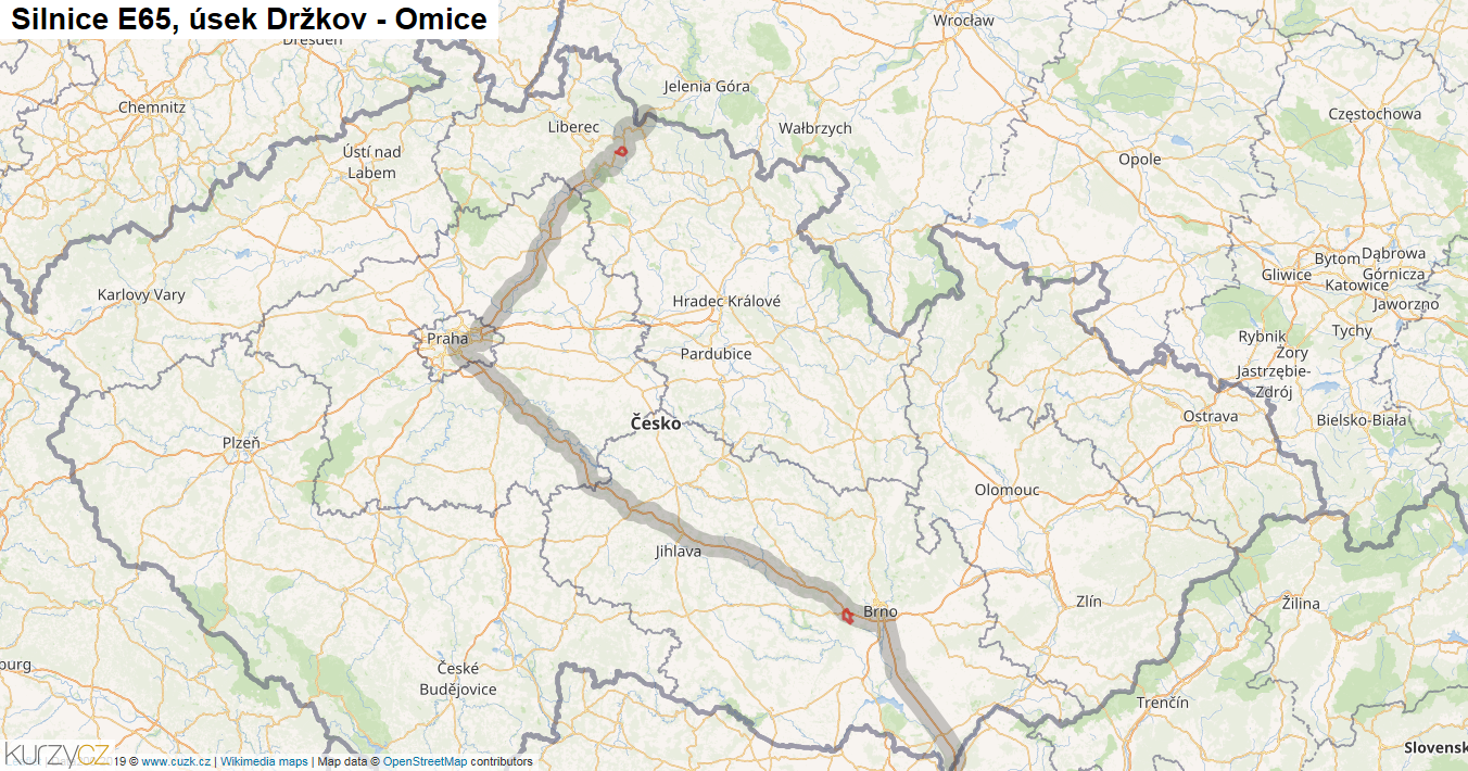 Úsek Držkov - Omice, Silnice E65 - Mapa
