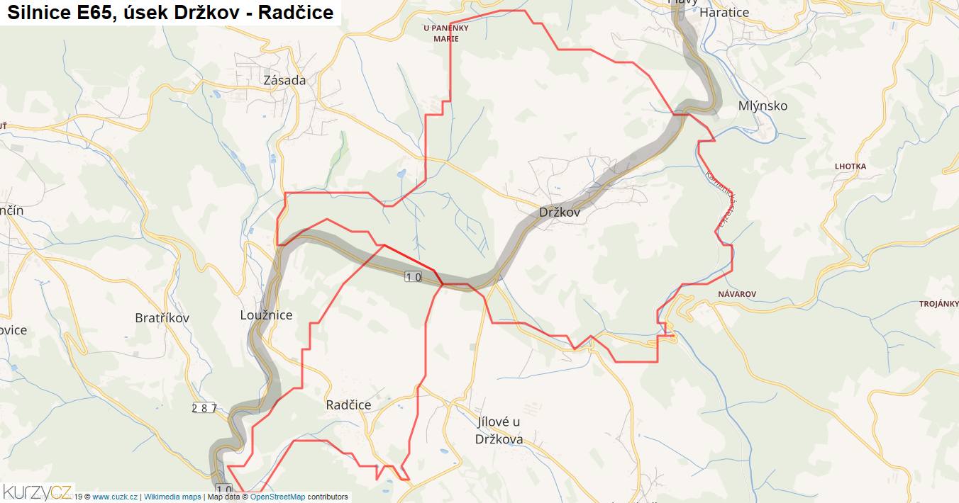 Úsek Držkov - Radčice, Silnice E65 - Mapa